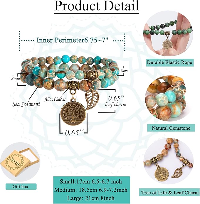 Bivei Natural Semi Precious Gemstone beads bracelet for women - Life Tree and Leaf Charm Energy Reiki Crystal Stretch Bracelets