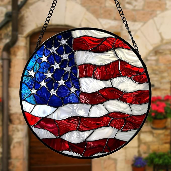 Stained Glass Window Hanging, Blue, White Red National Flag Pattern Sun Catchers Diamond Glass Panel Window Hangings Decor for Birthday Gifts for Women, Men, and Mom 6.3x6.3 in