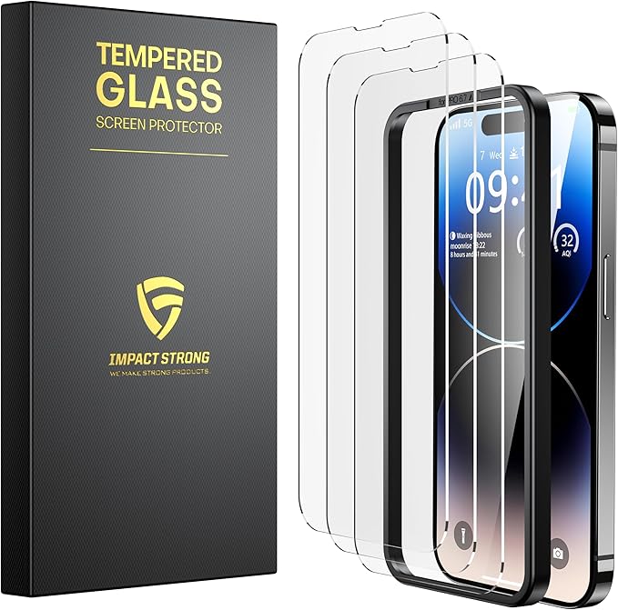 ImpactStrong Shatterproof Tempered Glass Screen Protector for iPhone 14 Pro [Easy Installation Frame] [Bubble Free] [9H Hardness] [Full Coverage] Case Friendly, 6.1 Inch - (3-Pack)