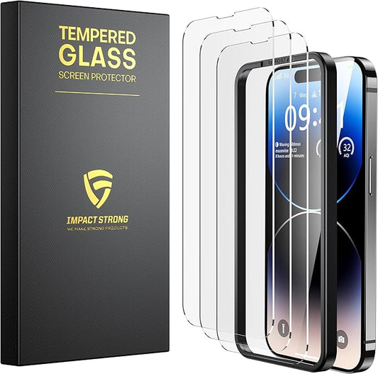 ImpactStrong Shatterproof Tempered Glass Screen Protector for iPhone 14 Pro [Easy Installation Frame] [Bubble Free] [9H Hardness] [Full Coverage] Case Friendly, 6.1 Inch - (3-Pack)