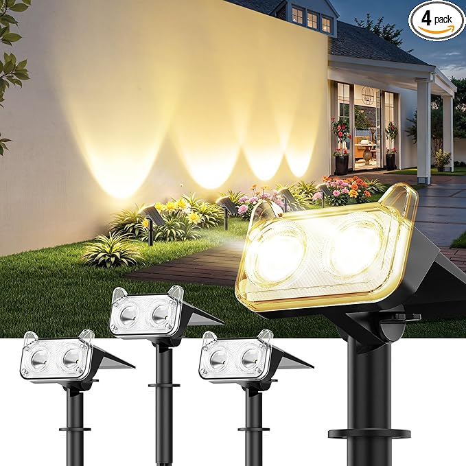 LETMY Solar Spot Lights Outdoor Waterproof with Bigger LED, 4 Pack 135°Adjustable Solar Lights Outdoor, 2-in-1 Wall Lights & 2 Modes Landscape Spotlights for Tree Yard Pathway Garden Decor(Warm White)