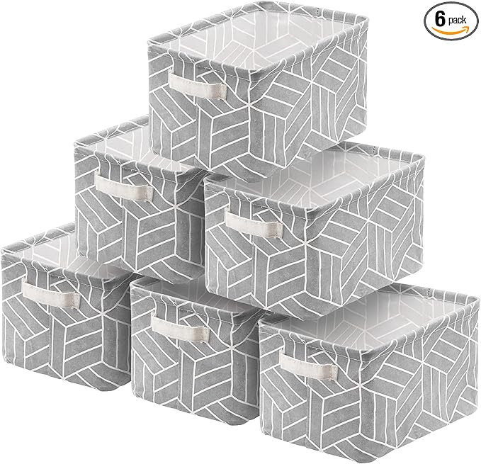 CROWNED 6 Pcs Storage Basket Foldable Cube Fabric Bins Square Mini Box Receive Organizer Rectangle Canvas with Handles for Home Office Books Small 11x8x6.3 inch Grey