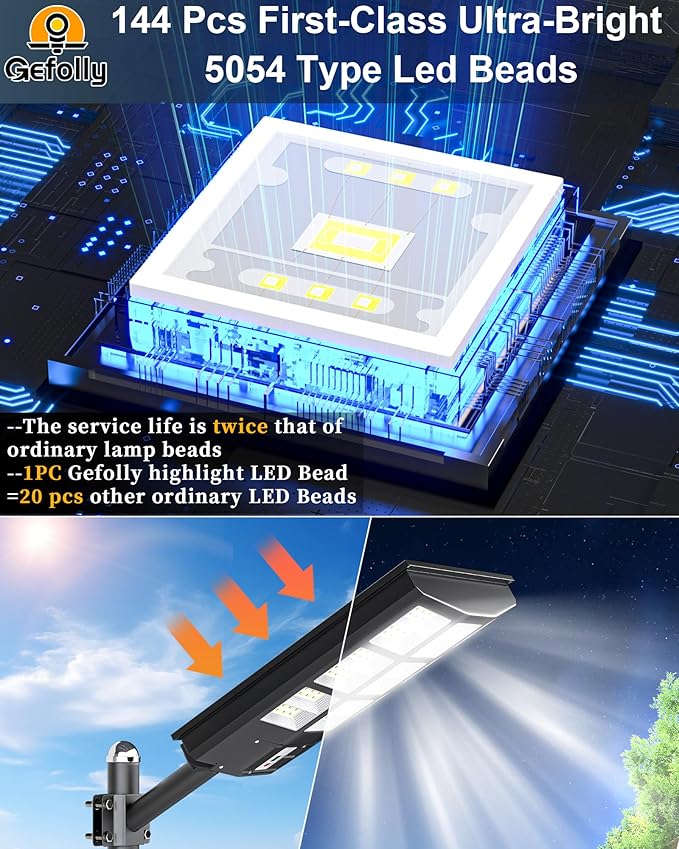 Gefolly SL-4600W Solar Street Light Outdoor 460000LM Wide Angle Commercial Parking Lot Lights Dusk to Dawn 6500K Flood Security Light IP67 Lamp for Basketball Court, Yard