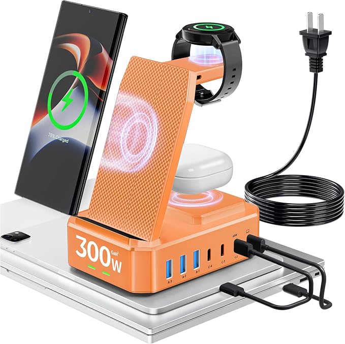 300W Wireless Charger for Samsung,Zutspzss 10 in 1 Wireless Charging Station, 65W USB C Fast Charging Stand for Samsung S25 Ultra/S24/S23/S22/Z Fold,Galaxy Watch Ultra7/6/5,Galaxy Buds,Orange