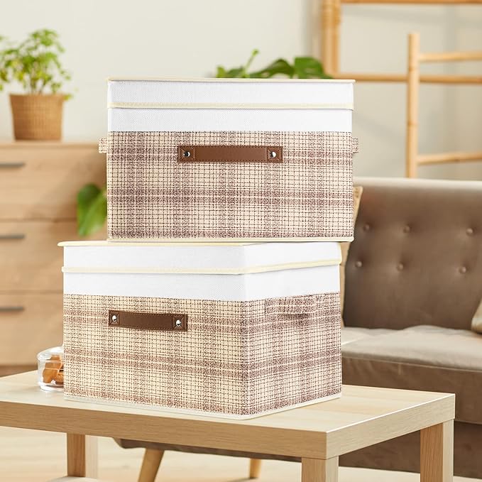 TYEERS Collapsible Storage Bins with Lids, Patchwork Design, Washable, Fabric Storage Boxes, 14.9x9.8x9.8 inches, 3 Pack, Camel Tan