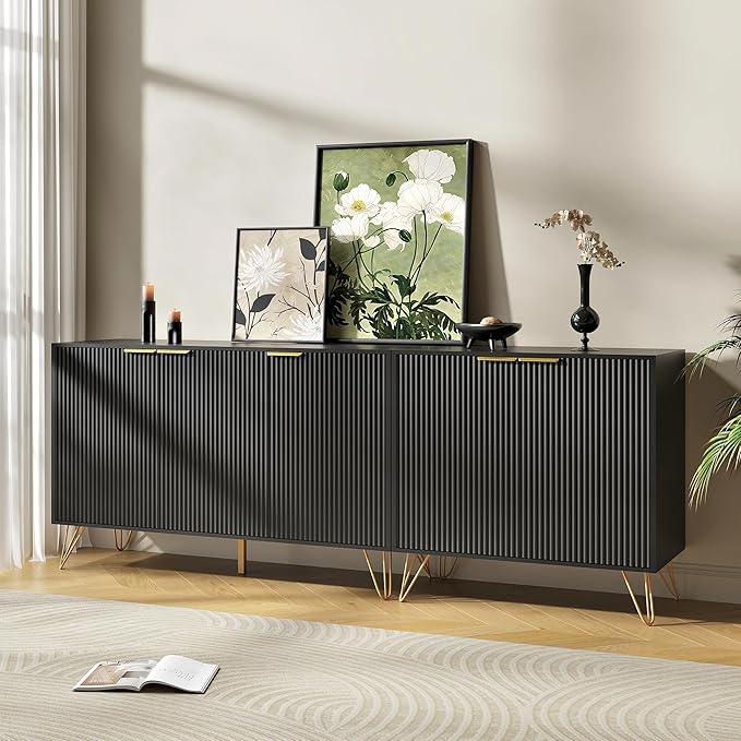 TV Stand for 75 inch TV Modern Entertainment Center Cabinet with 5 Doors Wood Media Console Storage Cabinets for Living Room Bedroom, Black