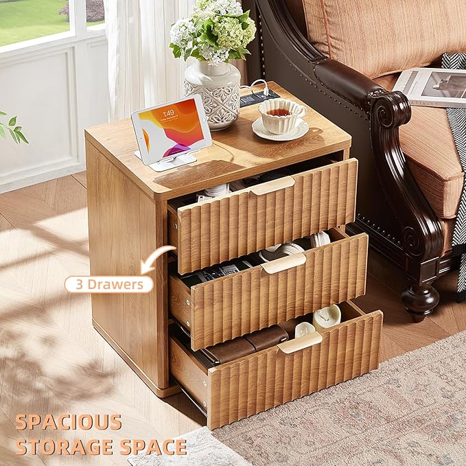 LEYAOYAO 23" Wide Fluted Farmhouse Night Stand Set of 2 with Charging Station, 3 Drawers Large End Table w/Metal Handle, Brown Nightstand Bedside Table,Wood Dresser for Bedroom, Closet