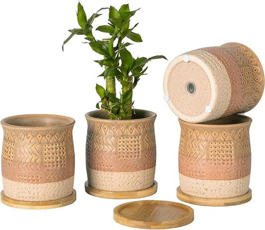 TAMAYKIM 4 Inch Small Ceramic Plant Pots with Drainage Holes and Saucers, Retro Totem Planters for Succulent, Cactus & Herbs, Brown Beige, Set of 4