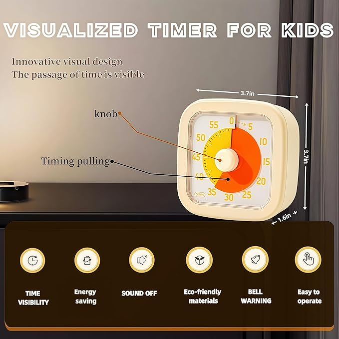 Visual Timer for Kids Timer Home - 60 Minute Kids Visual Timer for Classroom Home Office, Countdown Clock for Teaching Work Meeting, Pomodoro Timer for Time Management (Cream Yellow)