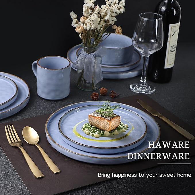 HaWare Dinnerware Sets, 16-Piece Stoneware Plates and Bowls Set, Elegant Ceramic Dish Set for 4, Chip and Scratch Resistant, Microwave and Dishwasher Safe, Reactive Blue