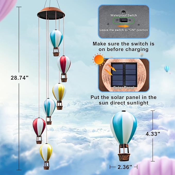 Solar Wind Chimes for Outside - Hot Air Balloon Solar Lights Outdoor Decor Gifts for Women Mom Grandma Birthday