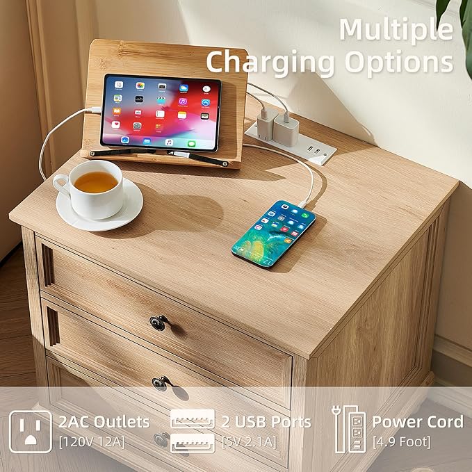 Farmhouse Nightstand with Charging Station, 24" Wide End Table with 3 Drawers,Natural Wood Dresser for Bedroom, Bed Side Table Chest of Drawers Cabinet,Night Stand for Living Room, Closet