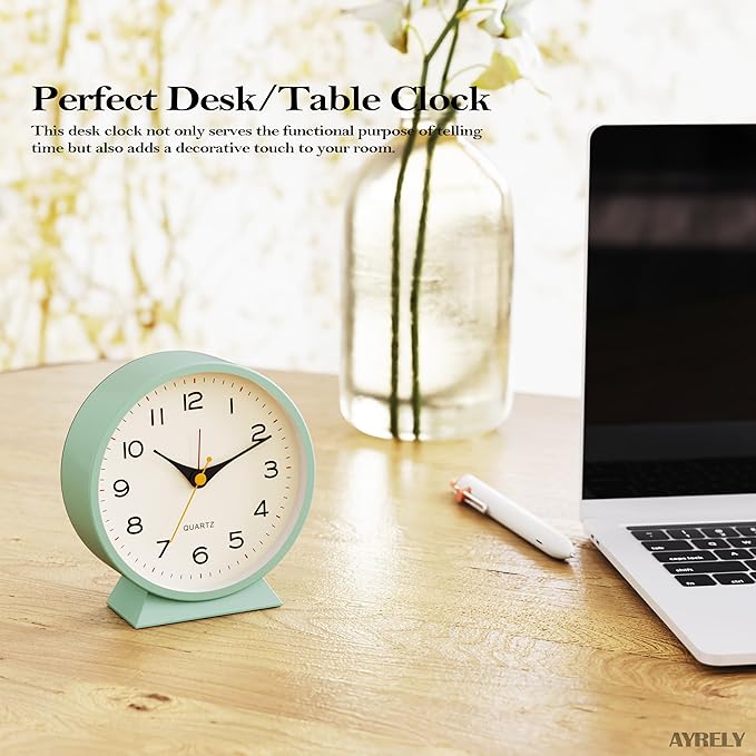 AYRELY® 4.5" Analog Alarm Clock,Small Retro Desk Clock Battery Operated,Slient Metal Table Clock with Light for Living Room Decor,Bedroom,Bedside,Shelf (Green)