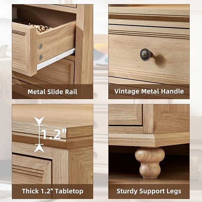 Farmhouse Nightstand with Charging Station, 24" Wide End Table with 3 Drawers,Natural Wood Dresser for Bedroom, Bed Side Table Chest of Drawers Cabinet,Night Stand for Living Room, Closet