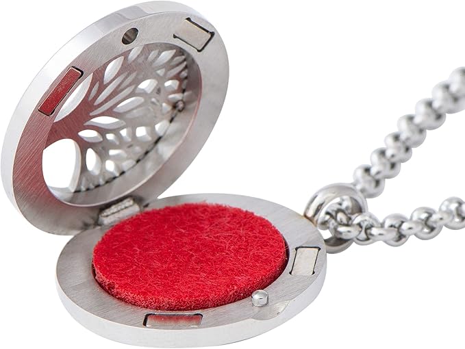 Wild Essentials Tree of Life Essential Oil Diffuser Necklace, Stainless Steel Locket Pendant with 24 inch Chain, 12 Color Refill Pads, Customizable Color Changing Perfume Jewelry for Aromatherapy