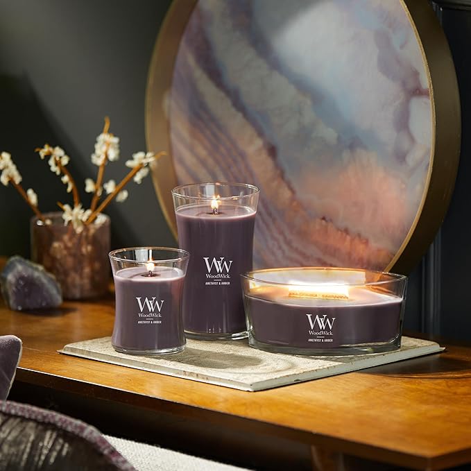 WoodWick Large Hourglass Candle Amethyst/Amber - Premium Soy Blend Wax Pluswick Innovation Wood Wick Made in USA