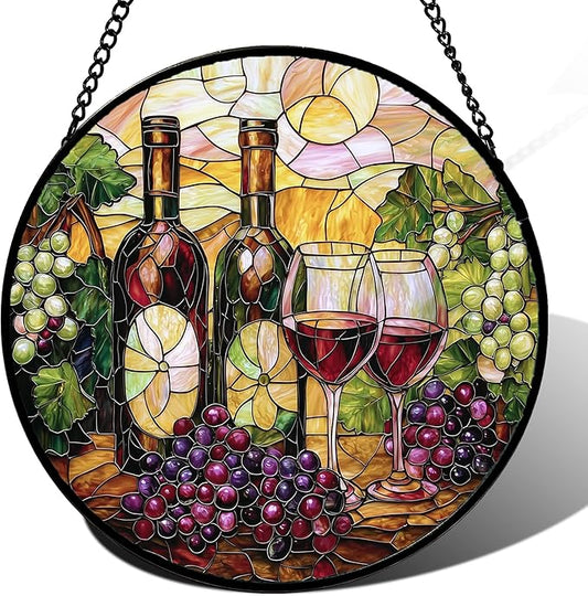 Stained Glass Window Hanging, Grapes and Wine Suncatcher Diamond Glass Panel Hangings Sun Catchers Decor for Birthday for Women, Men, Wife, Aunt, and Mom 14.9x14.9 in