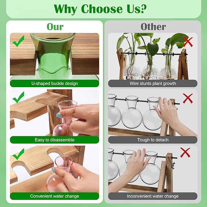 Plant Propagation Station, Propagation Vases for Plants with Wood Stand Heart Shape Glass Planters for Indoor Plants Gifts for Women Plant Lover with a Lanyard