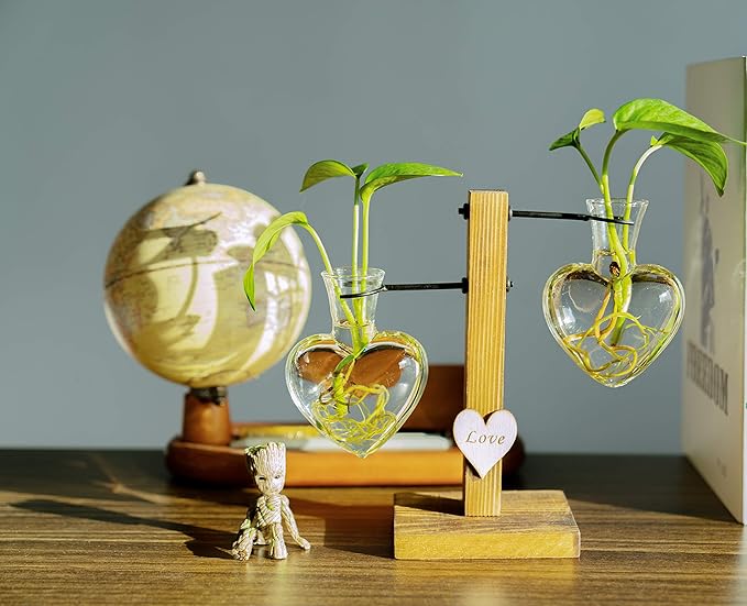Kingbuy Heart Shaped Glass Hydroponic Vase with Retro Wooden Stand - Desktop Plant Terrarium for Bulb Planter, Water Plant Propagation Glass Vase Pot Planter Flower Desktop Decoration Home Garden