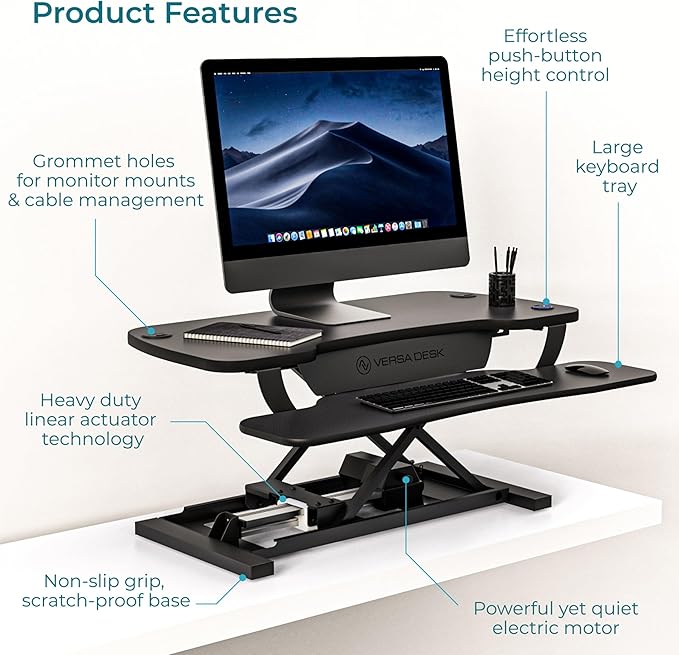 VERSADESK PowerPro™ 36 Inch Electric Standing Desk Converter, Height Adjustable Sit to Stand Up Desk Riser, Laptop and Dual Monitor Desktop Workstation with Wide Keyboard Tray and USB Port, Black