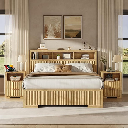 Fluted Nightstand Set of 2 with Charging Station, Night Stand with 2 Drawers, End Table with Storage, Bed Side Table for Bedroom, Modern Nightstand for Living Room, Natural