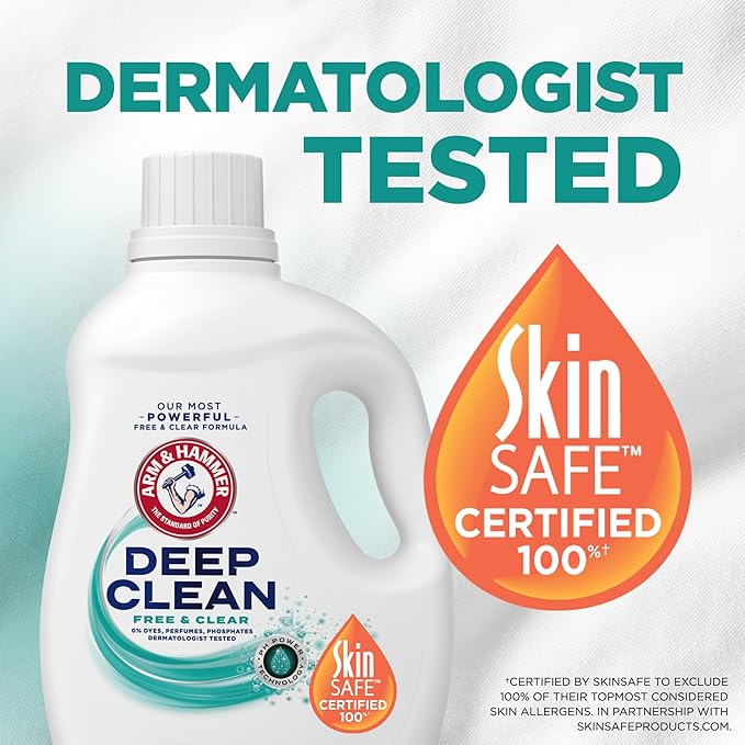 ARM & HAMMER Deep Clean Free & Clear Liquid Laundry Detergent, Free of Dyes, Perfumes and Phosphates, Suitable for Sensitive Skin, Dermatologist Tested, 102 Fl Oz, 68 Loads