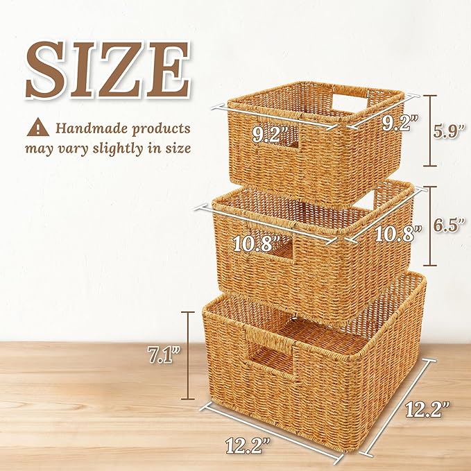 Baskets with Handles, Wicker Storage, Shelf Boxes for Organizing, Decorative Resin, Set of 3, Amber