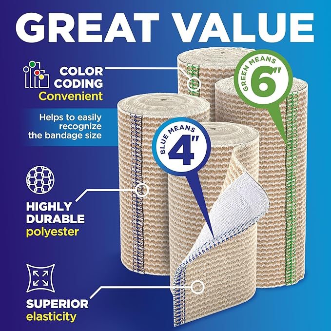 Premium Elastic Bandage Wrap - 4k (2x6in, 2x4in) - Self-Closing Strong Compression Bandage Wrap for Waist, Legs, Elbow and Knee