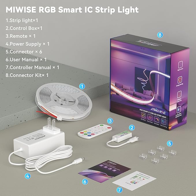 MIWISE COB LED Strip Light,RGB Smart IC COB LED Strip Lights Music Sync Bluetooth with APP Control,Addressable Color Chasing DIY 16M Colors,LED Tape Lighting for Bedroom Home Party Decor,24ft