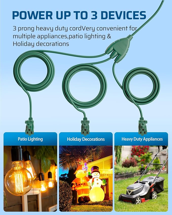 DEWENWILS Outdoor Extension Cord Multiple Outlets 45ft, Evenly Spaced 3 Outlets Plugs with Safety Cover, 16/3 SJTW Weatherproof Wire for Outdoor Lights and Holiday Decorations