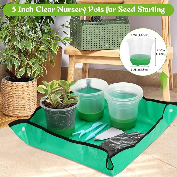 Caffox 45PCS Reusable Seed Starter Kit Includes 20 Packs 5" Clear Nursery Pots with Silicone Base, Repotting Mat, Gardening Gloves, Plant Labels and Seedling Tools for Easy Transplant
