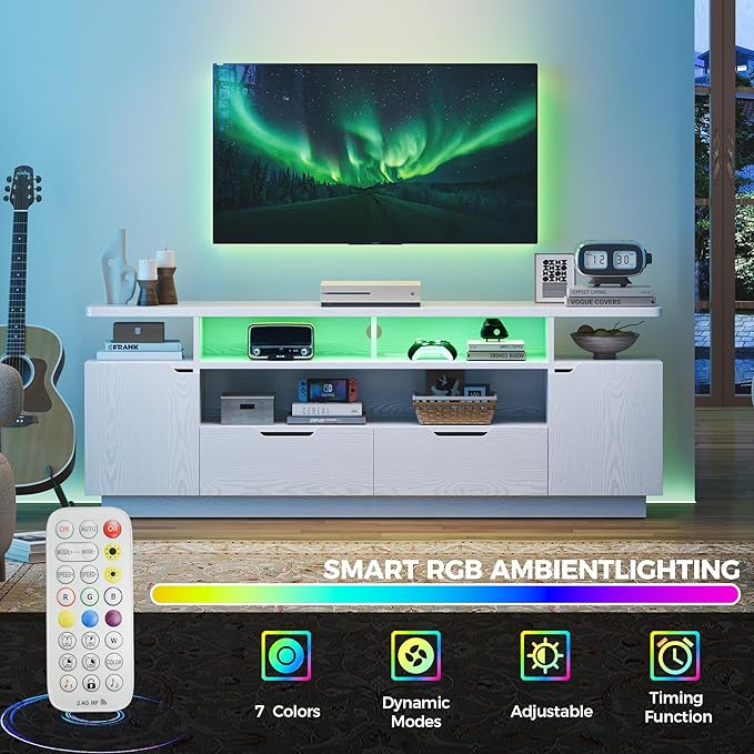 IRONCK TV Stand for TVs 85 inch with Power Outlet and LED Lights, Entertainment Center with Storage Cabinets, Media TV Console with Drawers, Modern TV Stand for Living Room, White