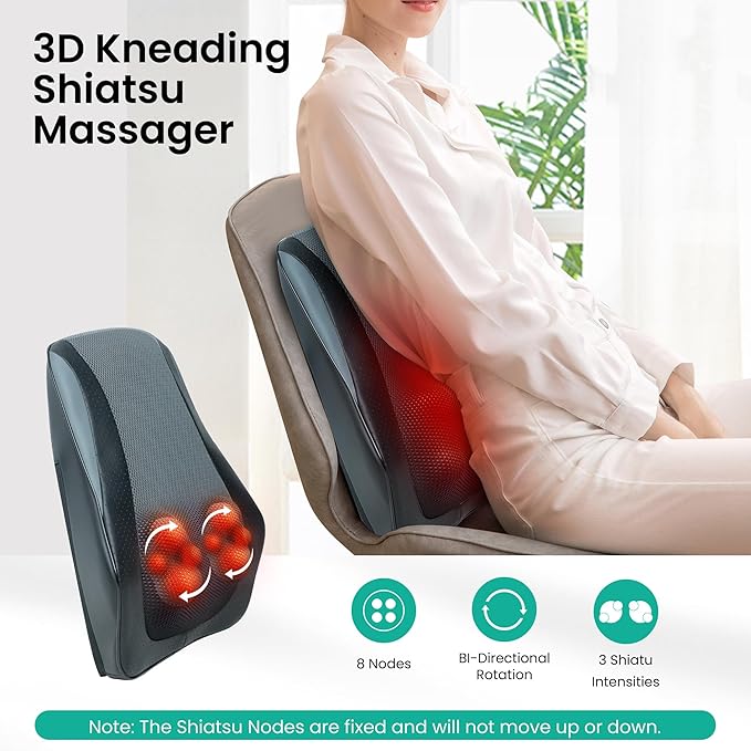 Snailax Back Massager for Back Pain Deep Tissue, Shiatsu Lower Back Neck Massager with Heat, 3D Kneading Massage Pillow for Neck Shoulder Legs, Gifts for Mom, Dad, Women