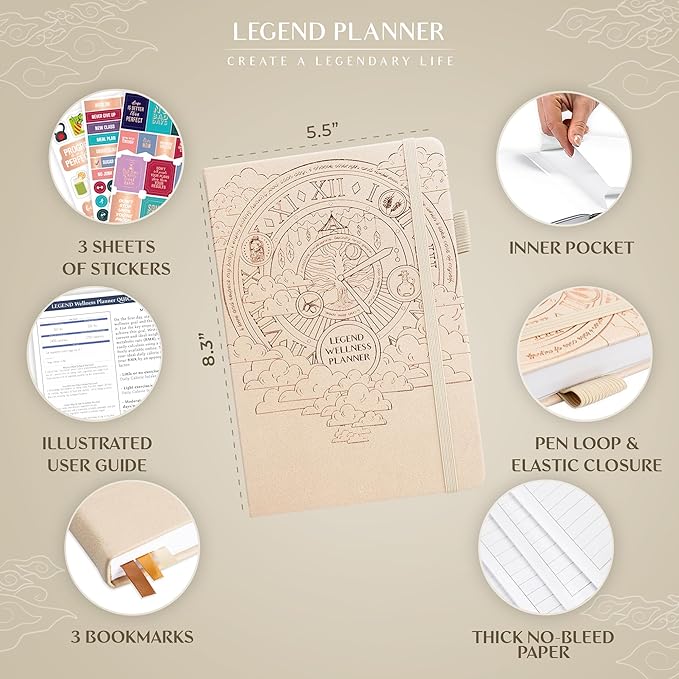 Legend Wellness Planner & Food Journal – Daily Diet & Health Journal with Weight Loss, Measurement & Exercise Trackers – Lifestyle & Nutrition Diary – Lasts 6 Months, A5 size – Seashell Gold