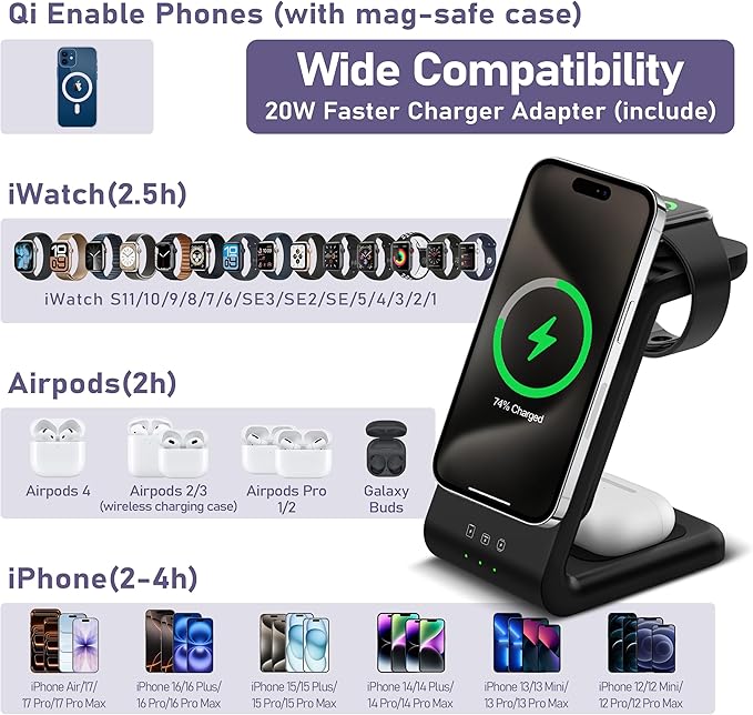 3 in 1 Wireless Charging Station: 5000mAh Removable Power Bank Charger Stand for iPhone/Apple Watch/Airpods - Portable Magnetic Battery Pack for Air 17 16 15 14 13 12 Series
