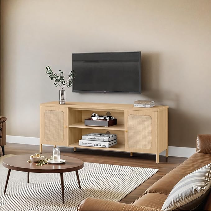 Rattan TV Stand for TVs up to 75'' Boho Entertainment Center with Adjustable Shelf Television Stand with 2 Storage Cabinets Media Console Wooden TV Cabinet for Living Room Bedroom,Natural Oak