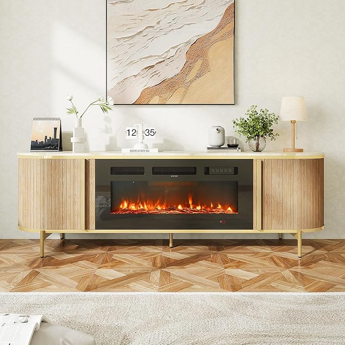 Luxury 70" Fluted Fireplace TV Stand, Oak Modern Chic Entertainment Center for TVs Up to 80", Media Cabinet with Storage, TV Console for Living Room, Natural