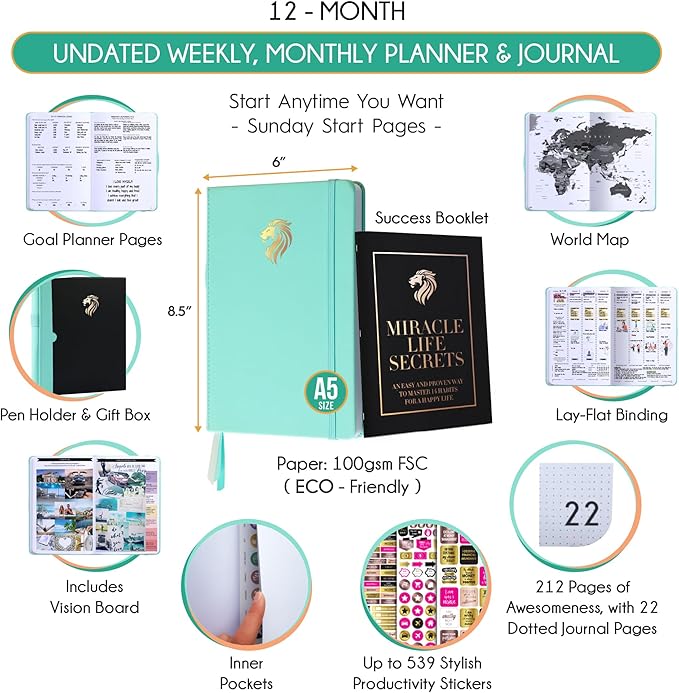 Hourly Planner - Undated Daily, Weekly & Monthly Planner with Budget Section | A 12 Month Journey to Increase Productivity & Happiness | Life Organizer & Gratitude Journal - Horizontal Format