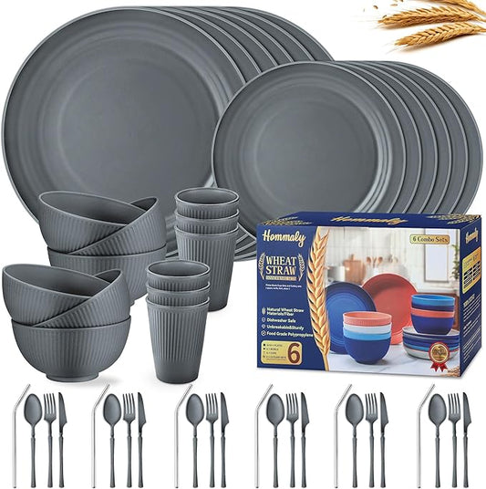Wheat Straw Dinnerware Sets,48-Piece Plates and Bowls Sets for 6-Unbreakable,Reusable Plastic Dish Set-Dinner Plate/Dessert Plate/Cereal Bowl/Cup/Utensils-Microwavable Dishwasher Safe 48P-Deep Gray
