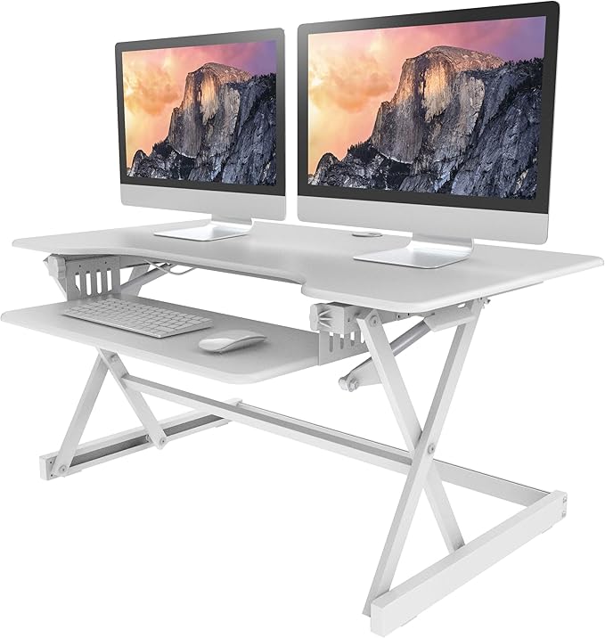 Rocelco 40" Large Height Adjustable Standing Desk Converter - Quick Sit Stand Up Dual Monitor Riser - Gas Spring Assist Computer Workstation - Retractable Keyboard Tray - White (R DADRW-40)