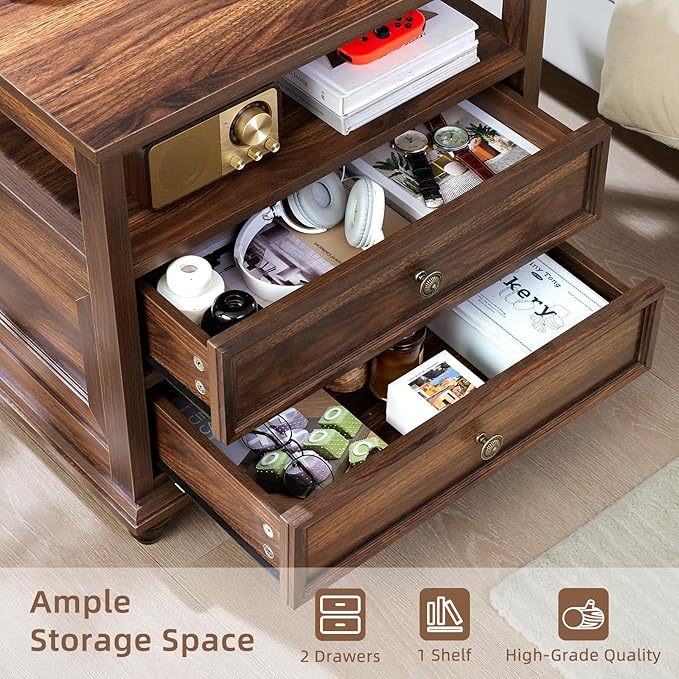 24" Wide Farmhouse Night Stand,Large End Table with 2 Drawers & Metal Handle,Wood Dresser for Bedroom, Brown Bed Side Table Chest of Drawers Cabinet,Nightstand for Living Room,Closet