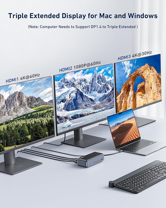 USB C Docking Station Triple Monitor, Raycue 15 IN1 MacBook Pro Docking Station with Power Adapter for MacBook M1/M2/M3/Windows, Laptop Docking Station with HDMI*3, RJ45, 10Gbps USB*5, PD, USB 3.0*2