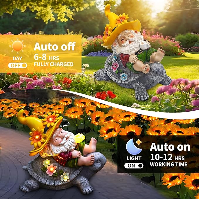 Garden Gnomes Outdoor Decor: Funny Sunflower Gnome Sitting on Turtle with Solar Lights Outside Decoration for Lawn Yard Patio Garden Gifts for Women