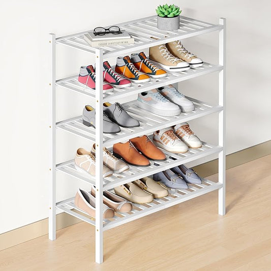 Smiry Bamboo Shoe Rack for Closet, 5 Tier Wooden Stackable Shoe Organizer, Free Standing Shoes Storage Shelf for Entryway, Front Door Entrance, White