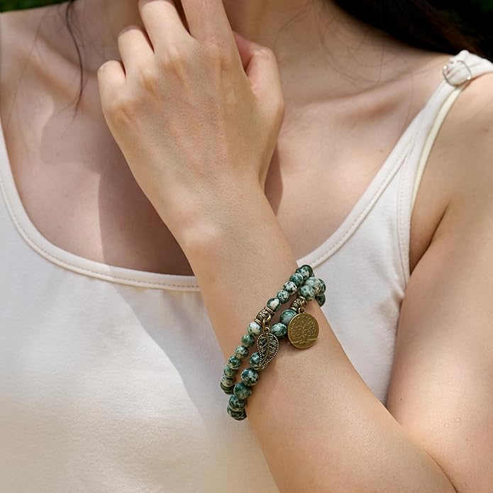 Bivei Natural Semi Precious Gemstone beads bracelet for women - Life Tree and Leaf Charm Energy Reiki Crystal Stretch Bracelets