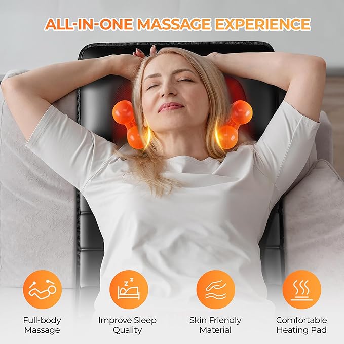 Shiatsu Full Body Massage Mat with Heat, Detachable Massager Pad, 10 Vibrating Motors, 9 Intensity Levels, Deep Tissue Pain Relief for Back, Neck & Legs – Relaxation at Home or Office