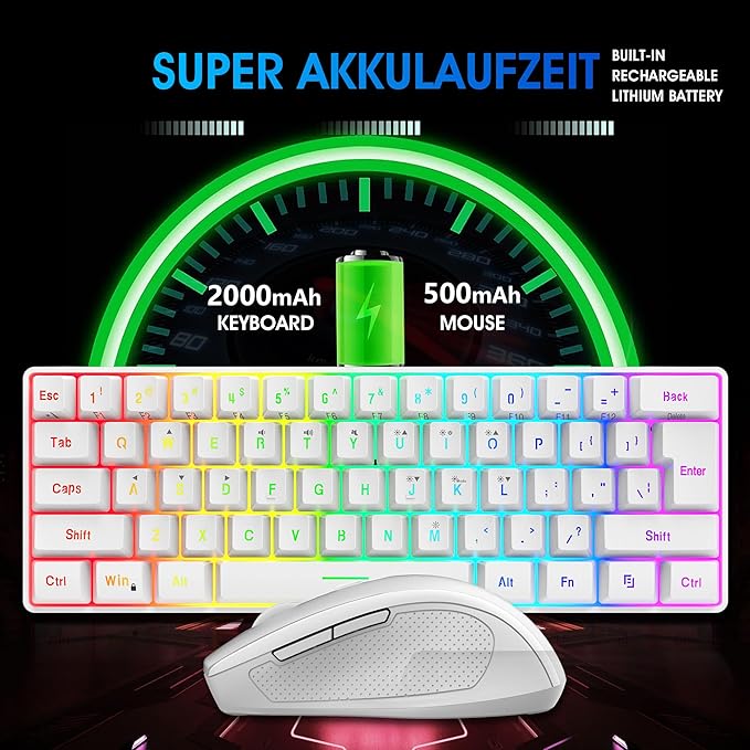 Snpurdiri 2.4G Wireless Gaming Keyboard and Mouse Combo, Include Small 60% Merchanical Feel Ergonomic Design Mini Wireless Mouse(White)