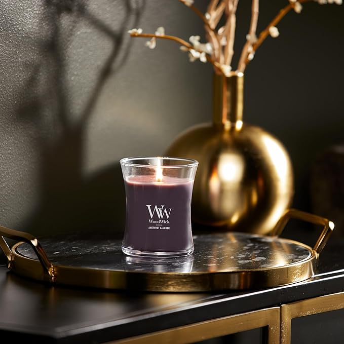 WoodWick Medium Hourglass Candle Amethyst/Amber - Premium Soy Blend Wax Pluswick Innovation Wood Wick Made in USA