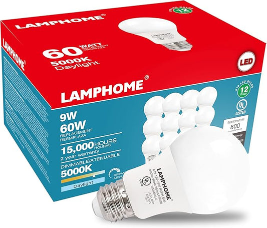 LAMPHOME 12-Pack Daylight White LED Bulbs - Brighten Your Bedroom & Living Room, 60W Equivalent, 5000K,9W, 15000-Hour Life, E26 Base
