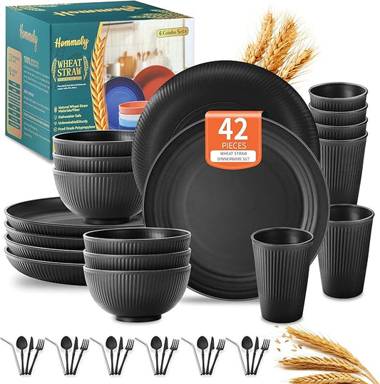 Wheat Straw Dinnerware Sets,42-Piece Plates and Bowls Sets for 6-Unbreakable,Reusable Plastic Dish Set-Dinner Plate/Cereal Bowl/Cup/Utensils-Microwavable Dishwasher Safe 42P-Deep Gray